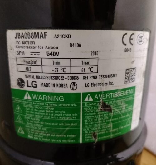 LG JBA068MAF Scroll Inverter DC Compressor – 540V, R410A,