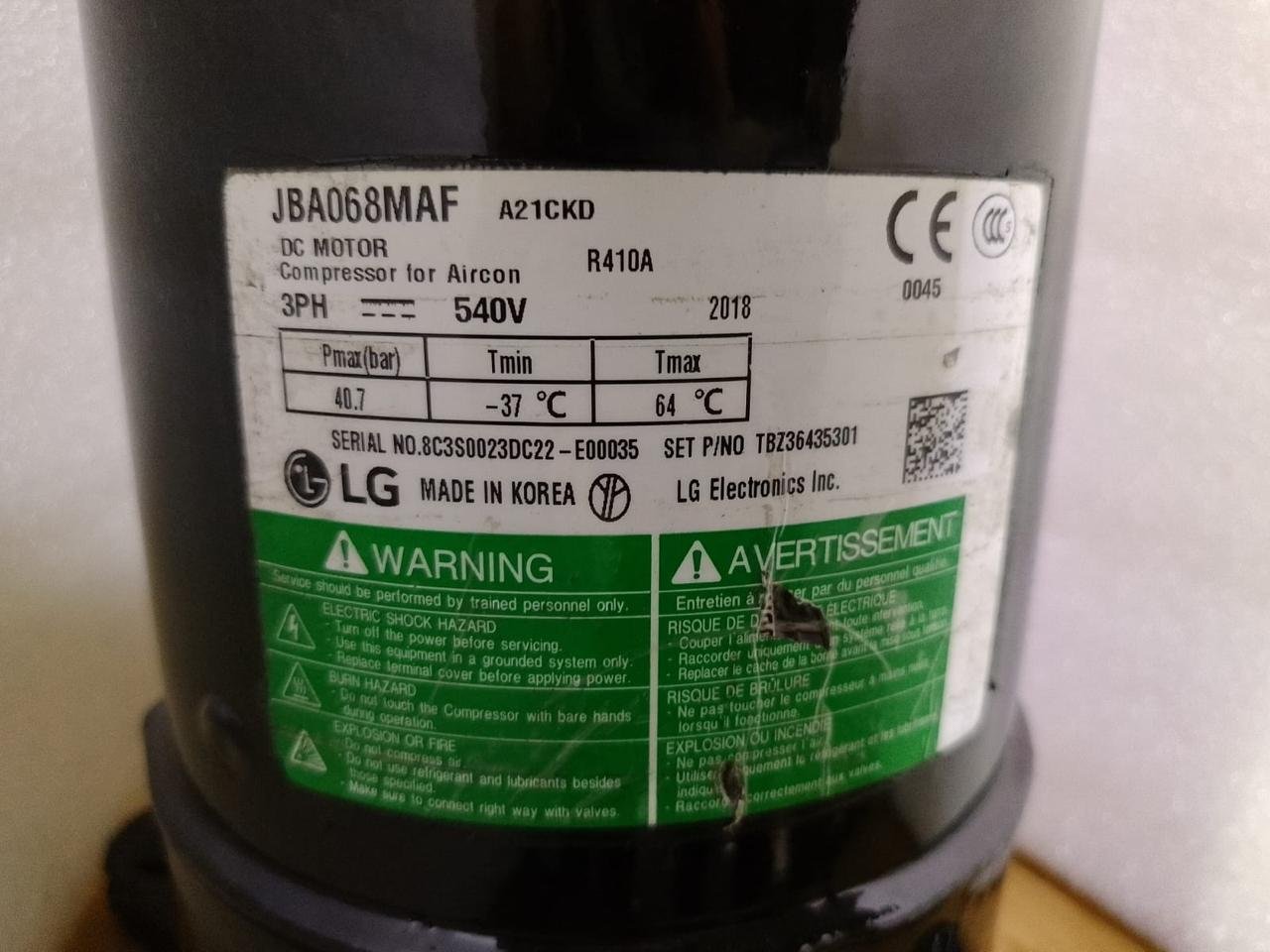 LG JBA068MAF Scroll Inverter DC Compressor – 540V, R410A,