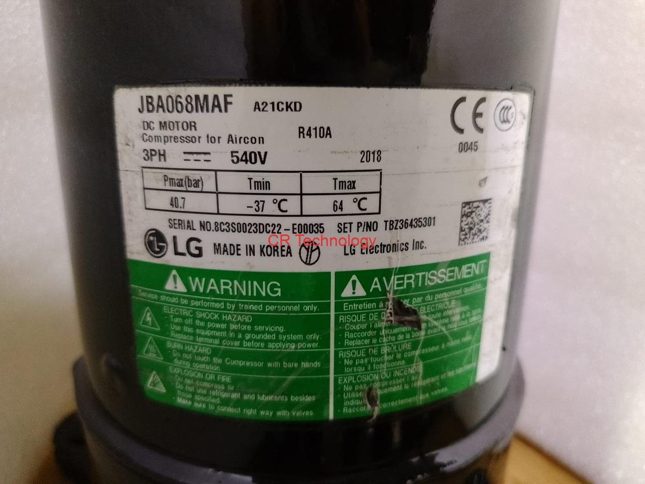 LG JBA068MAF Scroll Inverter DC Compressor – 540V, R410A,