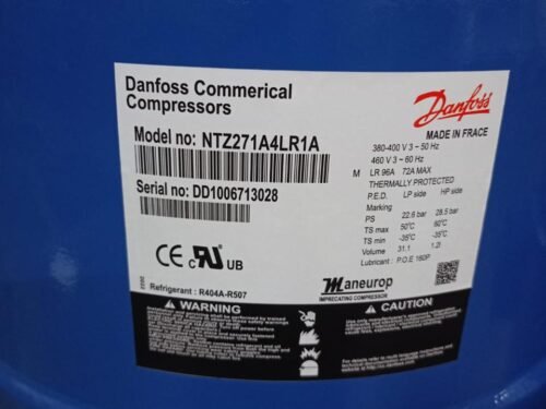 Danfoss NTZ271A4LR1A Maneurop Reciprocating Compressor – R404A/R507, 3-Phase, 31.1L Volume