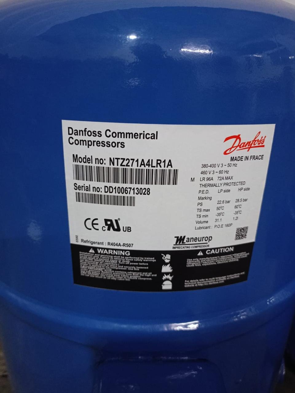 Danfoss NTZ271A4LR1A Maneurop Reciprocating Compressor – R404A/R507, 3-Phase, 31.1L Volume