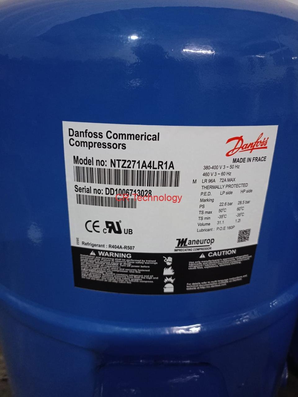 Danfoss NTZ271A4LR1A Maneurop Reciprocating Compressor – R404A/R507, 3-Phase, 31.1L Volume